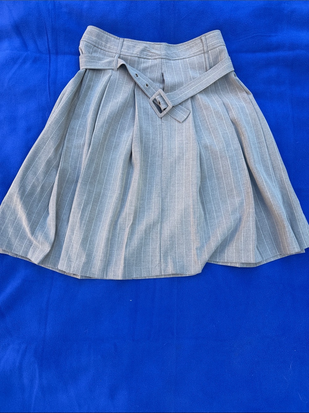 High-Waist Gray Pinstripe Pleated Skater Skirt with Belt